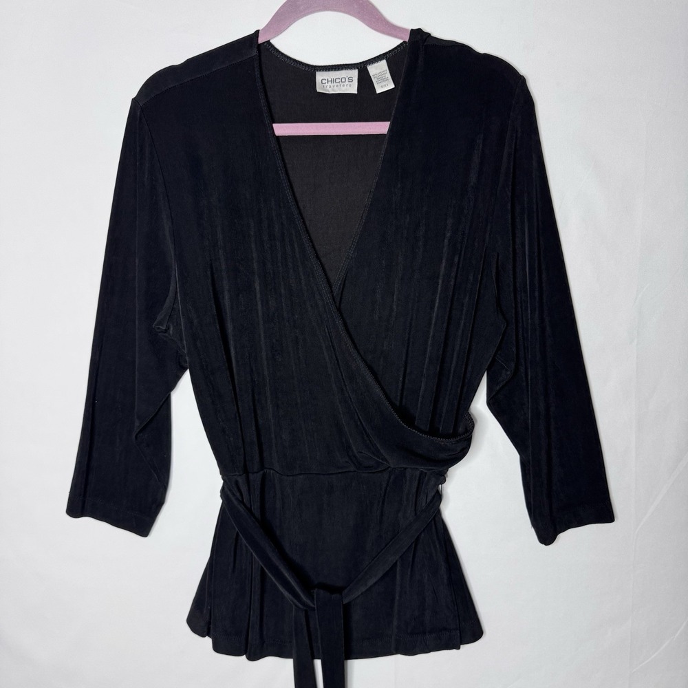 Chicos Travelers Faux Wrap Shirt‎ Top Slinky Stretch Sz XL Black Belt 3/4 Slv 3
